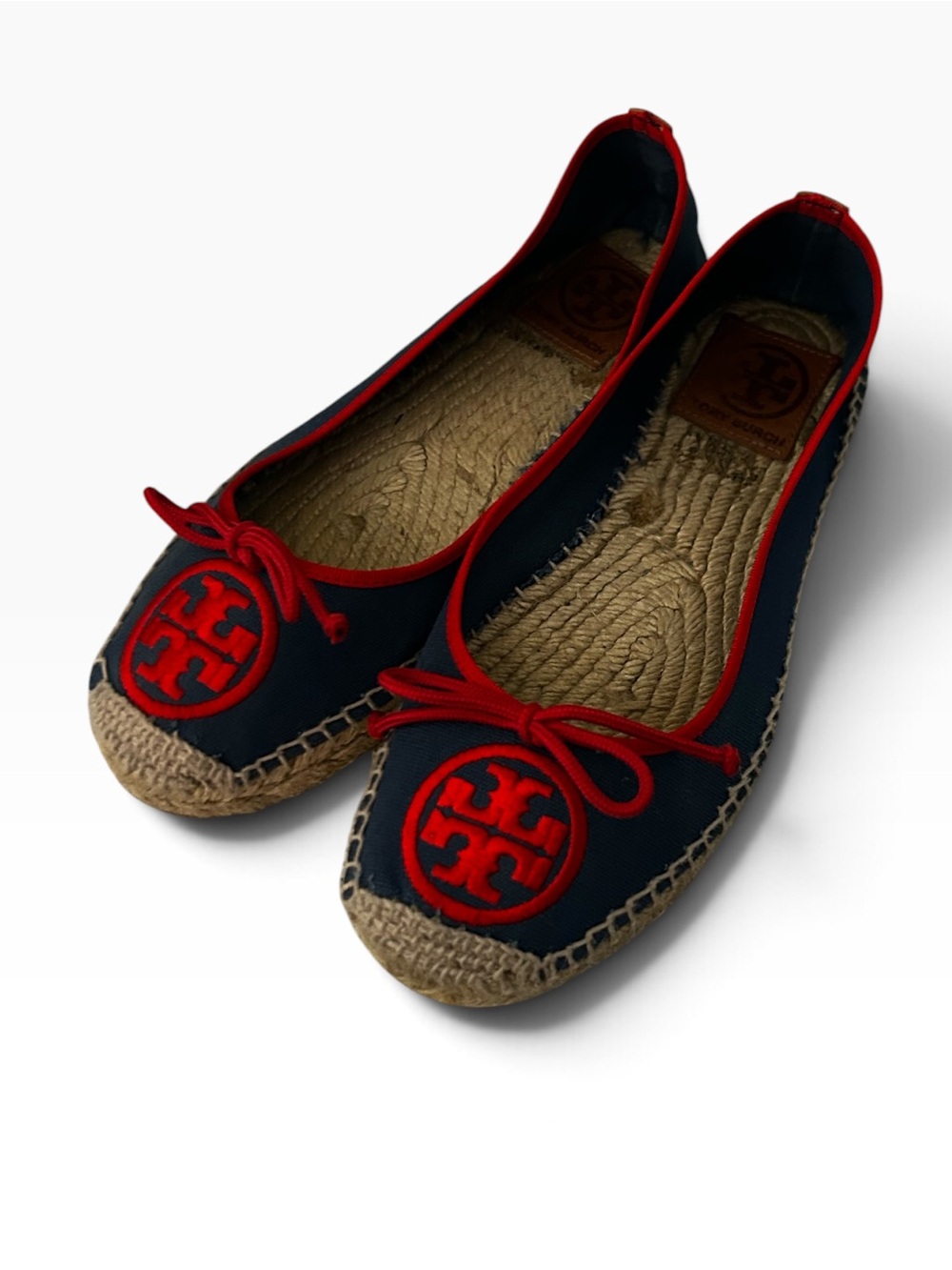 Tory Burch Navy Canvas Espadrille Flats Red Trim Double T Logo Size 8
Good Used